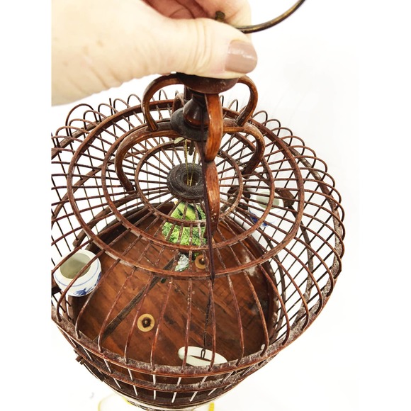 Vintage Hanging Wood Bamboo Bird Cage w/ Bird Ornament - Picture 12 of 12